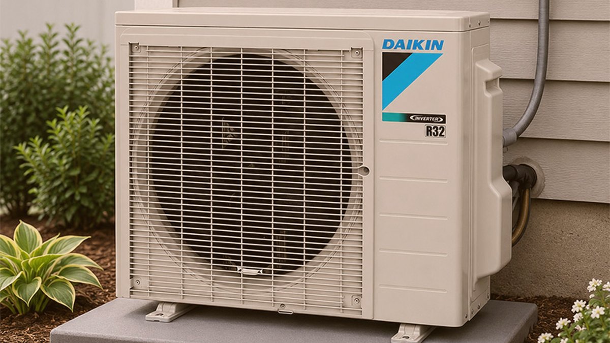 Daikin side-discharge heat pump installed on a pad beside a home