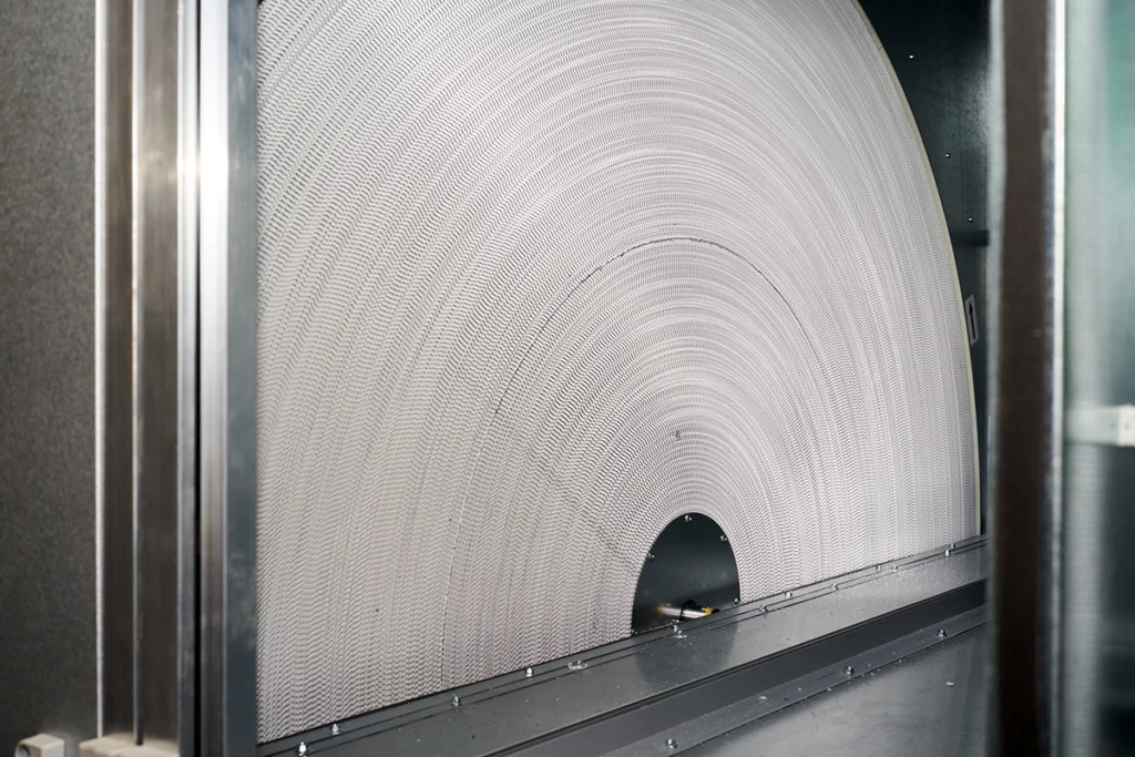 Energy recovery wheel inside a commercial HVAC ventilation system