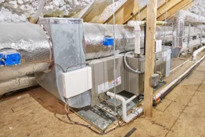 High-efficiency furnace installed in an attic with insulated ductwork and PVC venting.