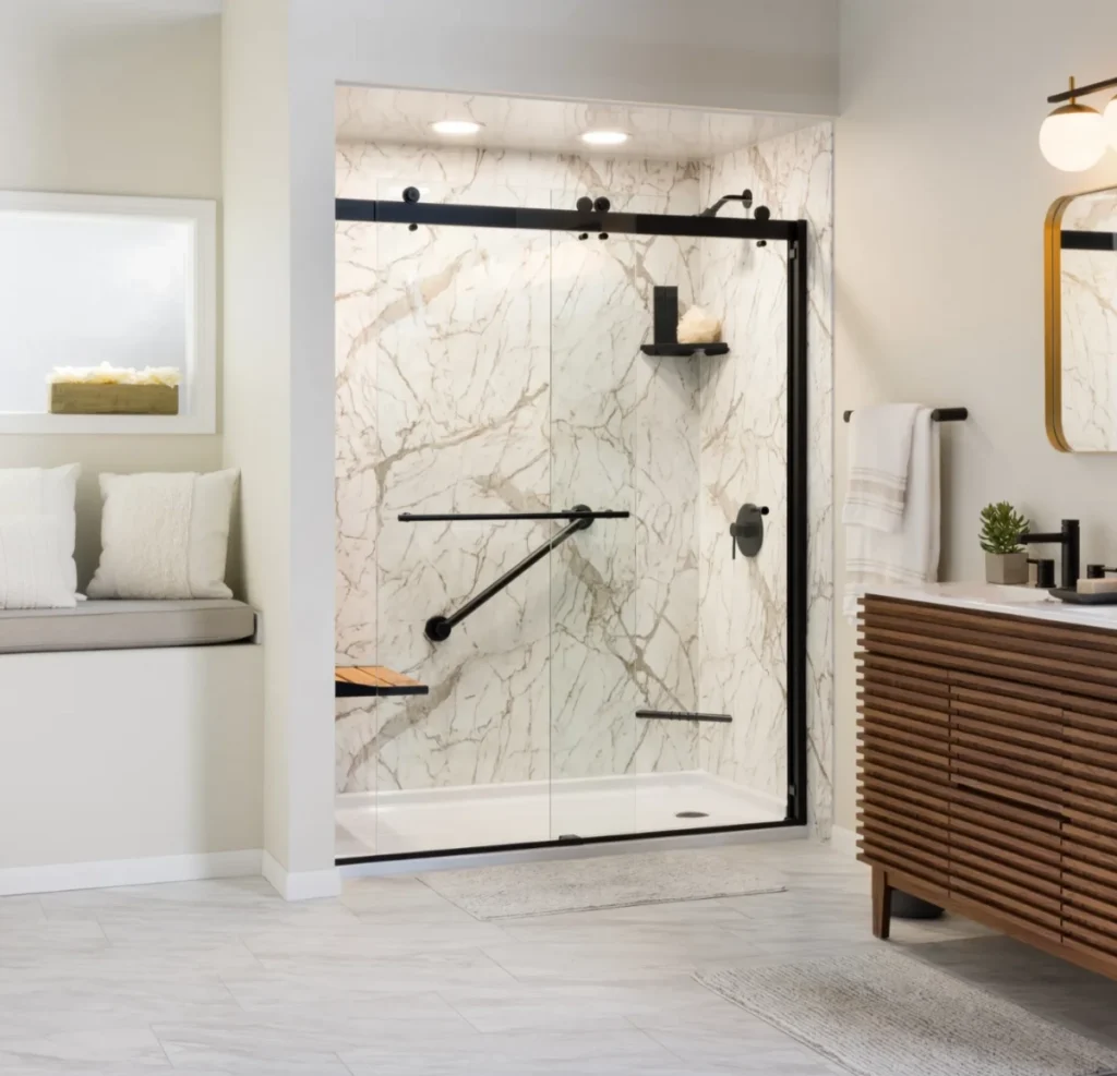 One day bathroom remodel with modern walk-in shower, no-grout wall surround, and glass enclosure