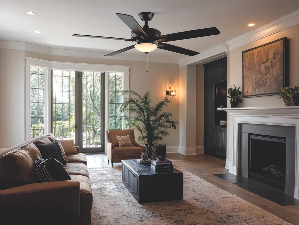 Ceiling fan direction for summer shown in a bright living room with a modern ceiling fan helping support home comfort and energy savings