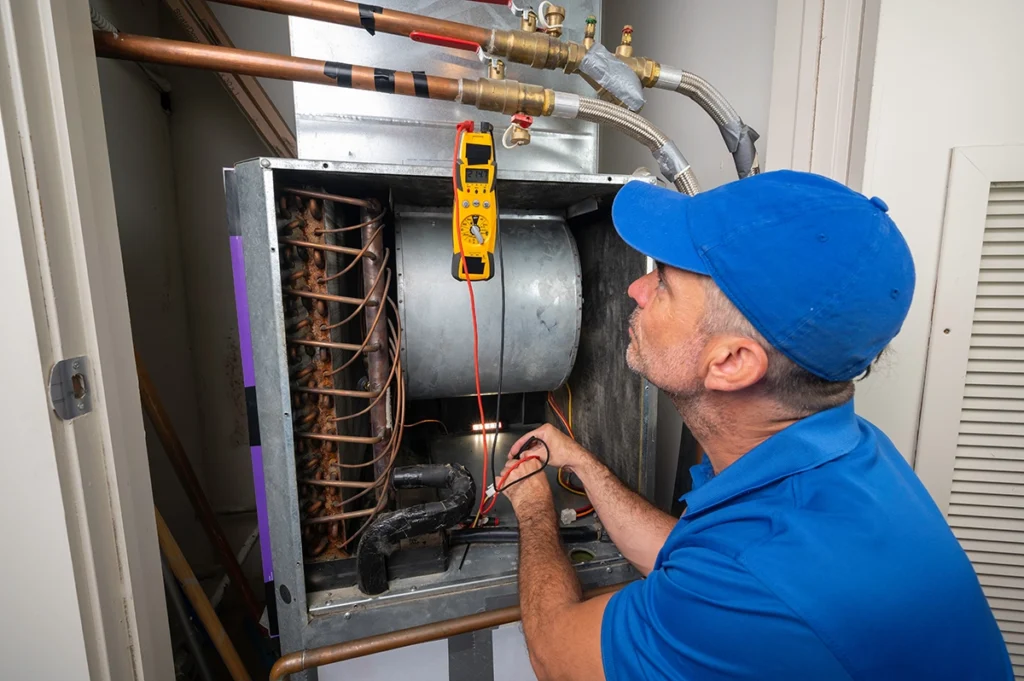 Air handler producing musty smell from evaporator coil in Jacksonville TX being inspected by HVAC technician