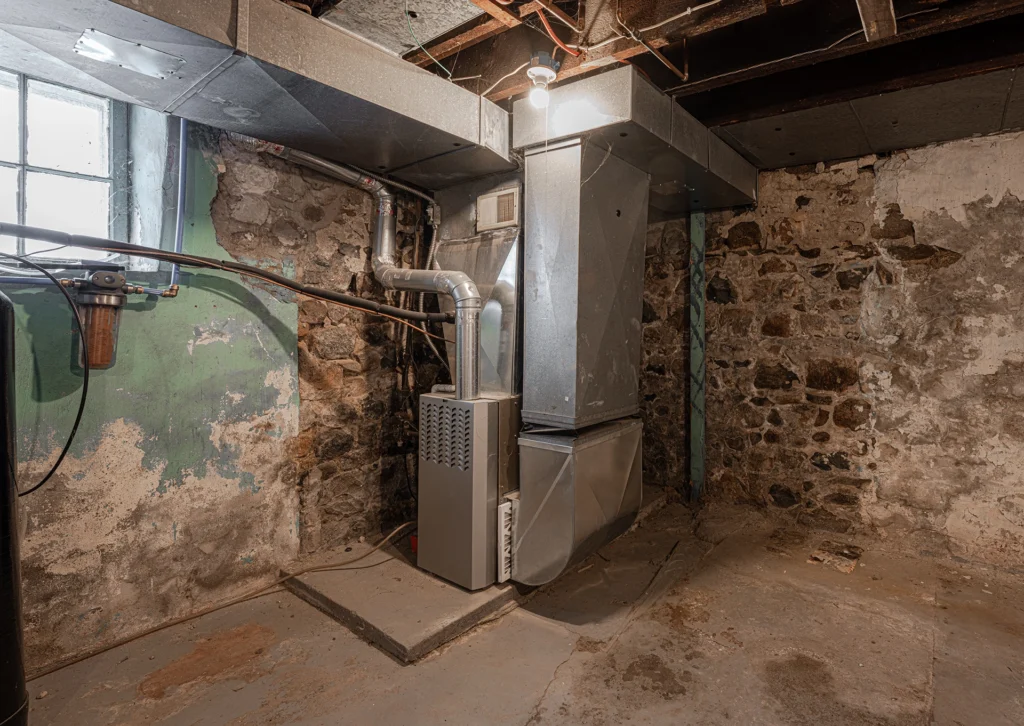 Furnace blower motor capacitor failing in Hideaway, shown by a gas furnace and connected ductwork in a basement
