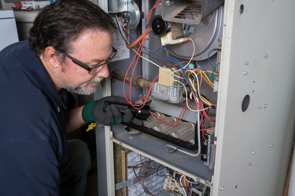 Furnace blower motor capacitor failing in Lindale, TX: technician inspecting internal components inside an open gas furnace