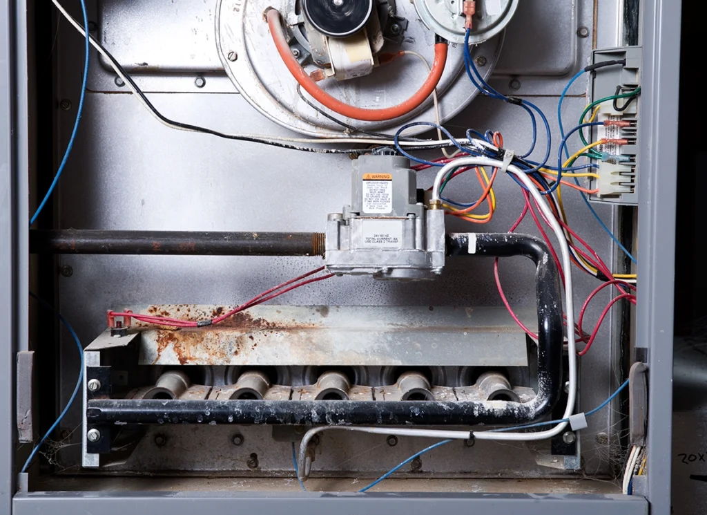 Furnace blower motor making grinding noise in Kilgore, TX: close-up of the inside of a gas furnace showing burners, wiring
