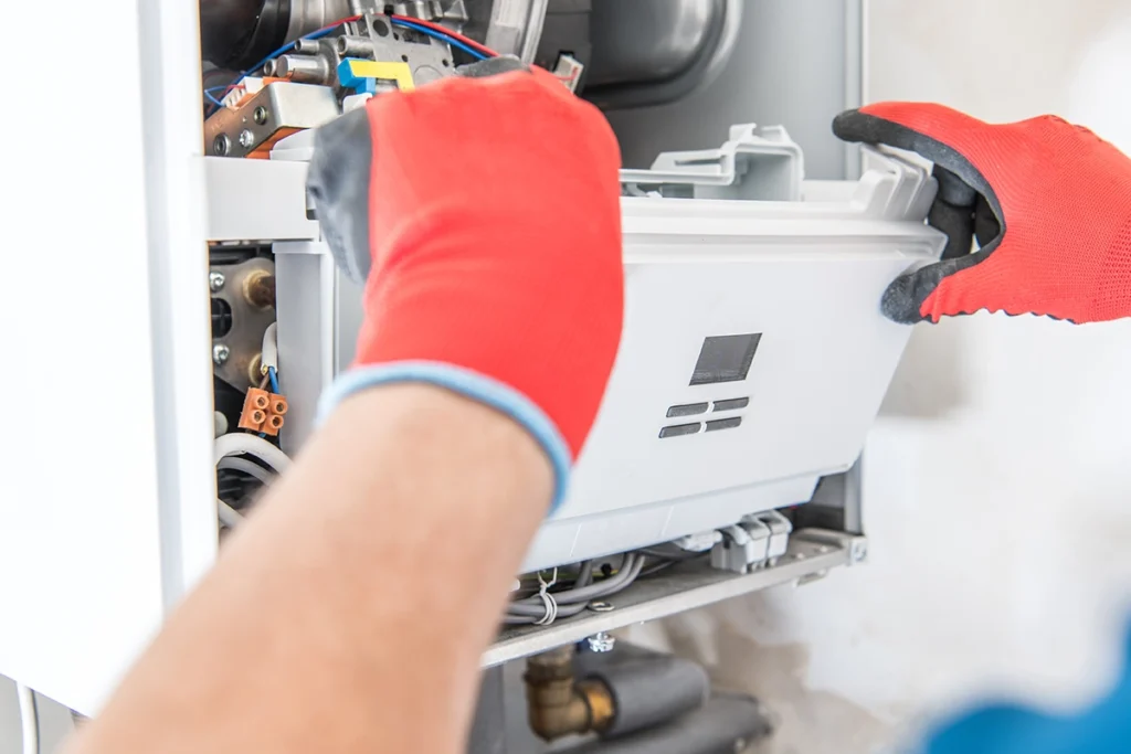 Furnace blower motor making loud grinding noise in Rusk, TX: technician removing the front cover of a wall-mounted heating